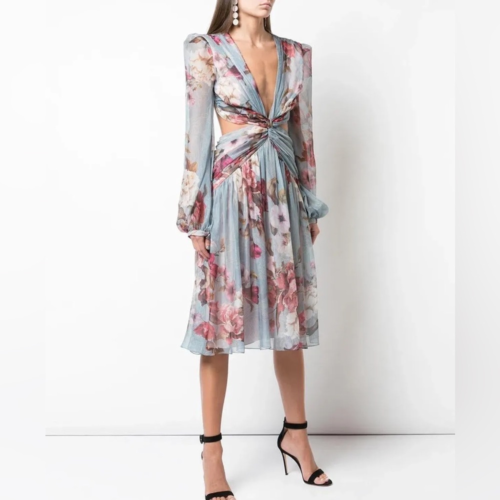 PatBO Floral Twist Cutout Midi Dress in Light Blue and Rose - Picture 4 of 8